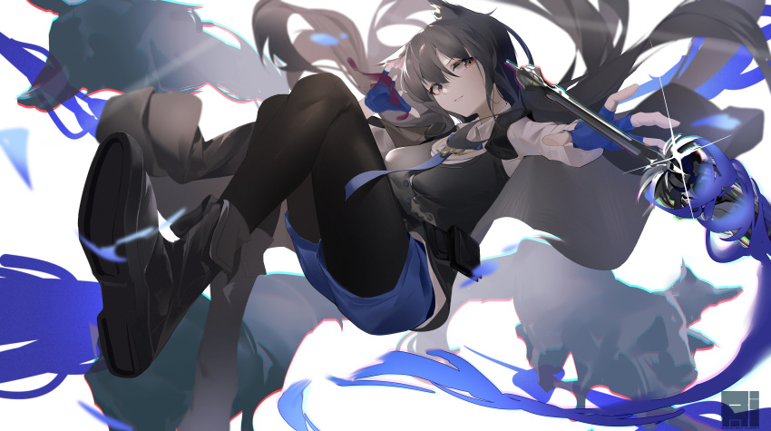 1girl absurdres animal_ears arknights bangs belt belt_pouch black_footwear black_hair black_pantyhose black_vest blue_fire blue_gloves blue_necktie boots breasts brown_eyes fingerless_gloves fire flaming_sword flaming_weapon gloves highres incredibly_absurdres katachi_noboru_nishikino knee_boots long_hair long_sleeves looking_at_viewer medium_breasts midair necktie pantyhose pantyhose_under_shorts parted_lips pouch short_shorts shorts simple_background solo tail texas_(arknights) texas_the_omertosa_(arknights) v-shaped_eyebrows very_long_hair vest white_background wolf_ears wolf_girl wolf_tail