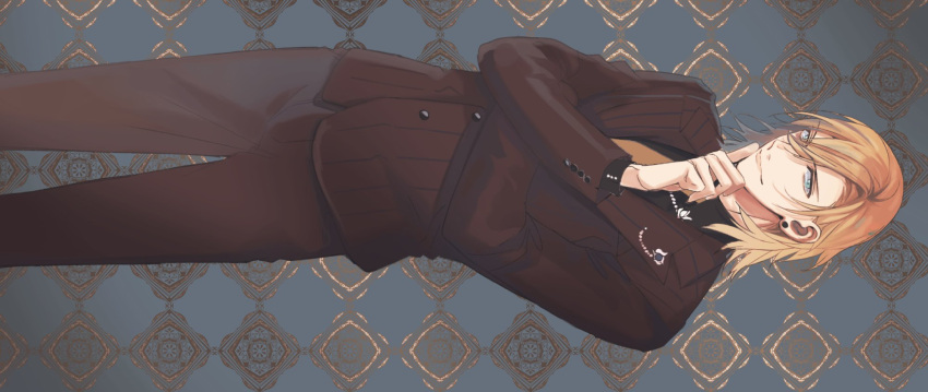 1boy aqua_eyes black_shirt blue_background brown_jacket brown_pants brown_suit earrings feet_out_of_frame formal hair_between_eyes hand_on_own_chin highres jacket jewelry jinguuji_ren kirinnn199 lapel_pin lapels looking_at_viewer male_focus medium_hair necktie notched_lapels orange_hair orange_necktie pants patterned_background shirt sideways smile solo standing stud_earrings suit suit_jacket uta_no_prince-sama