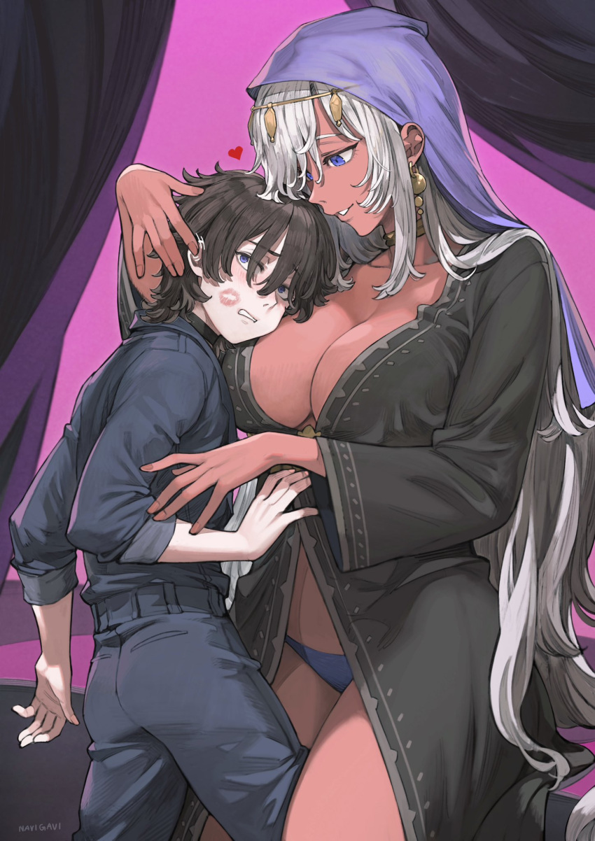 1boy 1girl black_pants black_robe black_shirt blue_eyes blue_panties blush breasts brown_hair cleavage commentary commission cowboy_shot curtains dark-skinned_female dark_skin earrings embarrassed furrowed_brow hand_on_another's_head heart height_difference hetero highres jewelry jun_(seojh1029) large_breasts lipstick_mark long_hair looking_at_another looking_to_the_side neck_ring original panties pants parted_lips pink_background robe shirt short_hair signature size_difference skeb_commission sleeves_rolled_up standing underwear veil very_long_hair white_hair