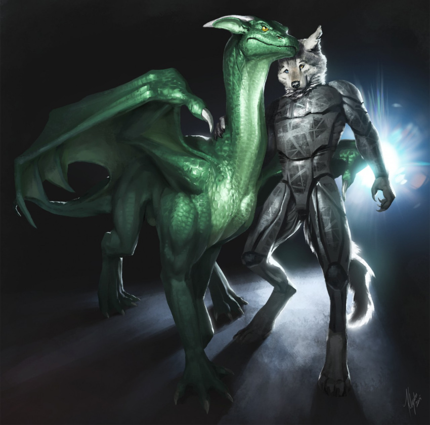 2015 anthro armor backlighting biped blue_eyes cheek_tuft clothed clothing dated digitigrade dragon duo facial_tuft feral fur green_body green_scales grey_armor grey_body grey_fur heterochromia hi_res horn khyaber light lighting male membrane_(anatomy) membranous_wings mouth_closed pubic_boot quadruped scales signature standing three-quarter_view tuft white_horn wing_claws wings yellow_eyes