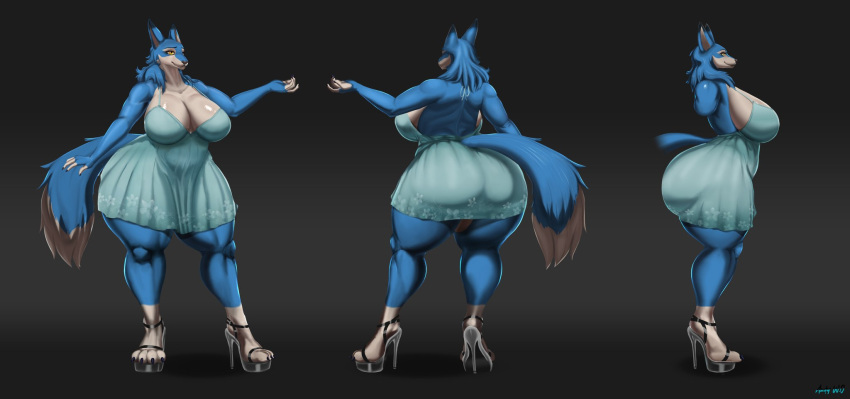 anthro big_butt blue_body blue_fur breasts butt canid canine cleavage clothed clothing dress female footwear fur hi_res high_heels huge_butt mammal mr_dark_and solo thick_thighs