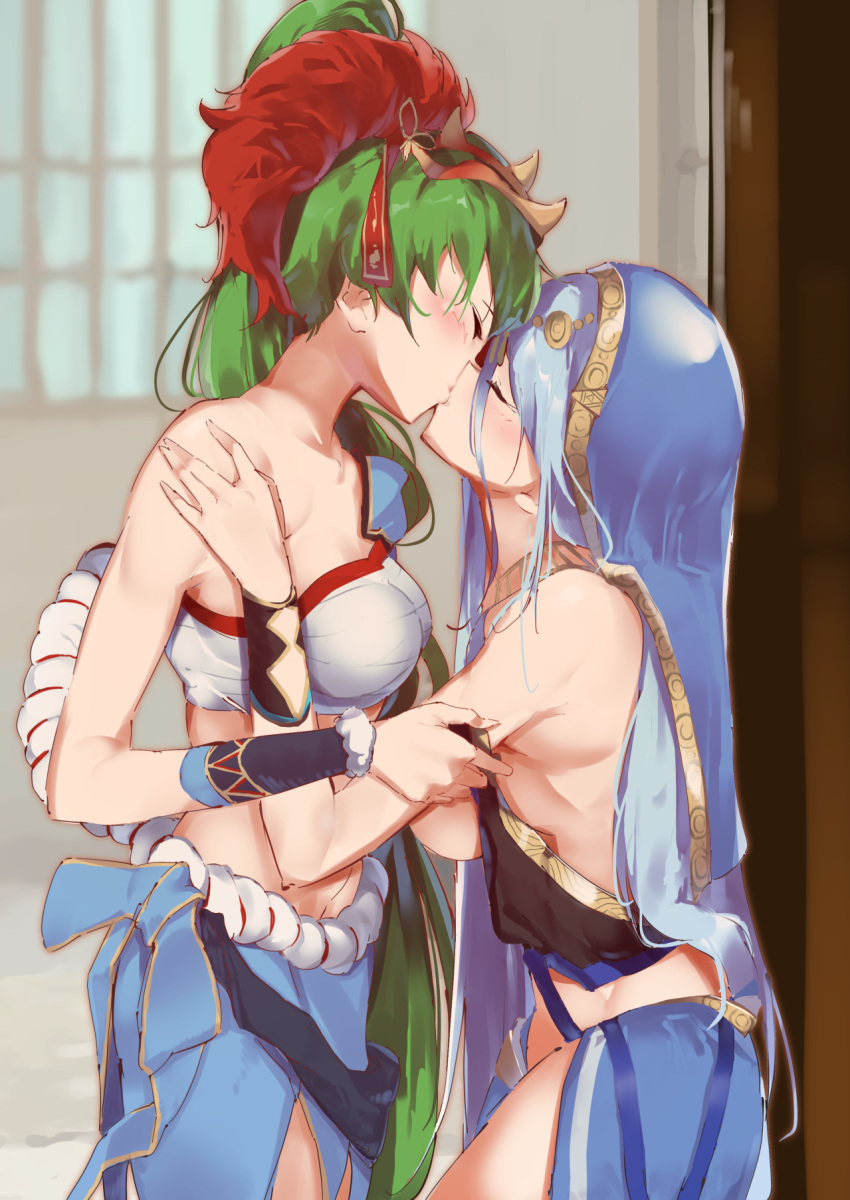 2girls azura_(fire_emblem) bandages bandeau bangs bare_shoulders blue_dress blue_hair blue_skirt breasts chest_sarashi closed_eyes commentary_request dress fire_emblem fire_emblem:_the_blazing_blade fire_emblem_fates fire_emblem_heroes green_hair highres indoors kiss lamb_(hitsujiniku) long_hair lyn_(fire_emblem) medium_breasts midriff multiple_girls official_alternate_costume ponytail sarashi skirt strapless tube_top undressing_another veil very_long_hair yuri