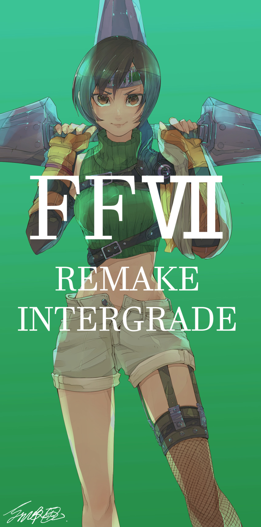1girl :3 absurdres armor artist_name backlighting bangs belt black_hair black_thighhighs breasts brown_eyes buttons closed_mouth commentary_request cropped_sweater english_text final_fantasy final_fantasy_vii final_fantasy_vii_remake fingerless_gloves fishnet_thighhighs fishnets garter_straps gloves gradient gradient_background green_background green_headband green_sweater haisen hands_up happy headband highres holding holding_shuriken holding_weapon huge_weapon jewelry legs looking_at_viewer medium_breasts midriff navel open_fly orange_gloves ring shiny shiny_hair short_hair short_shorts shorts shoulder_armor shuriken sidelocks signature simple_background single_thighhigh single_vambrace sleeveless sleeveless_sweater smile solo stomach straight-on sweater thighhighs thighs turtleneck turtleneck_sweater v-shaped_eyebrows vambraces weapon white_shorts yuffie_kisaragi zipper