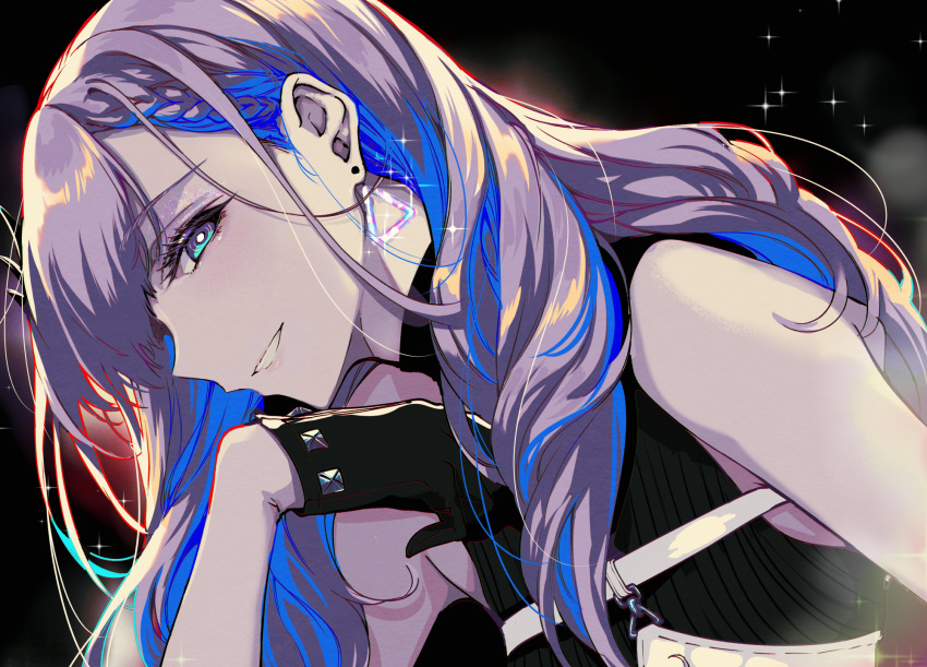 1girl aqua_eyes black_background black_gloves blue_hair colored_inner_hair earrings gloves grey_hair grin highres hololive hololive_indonesia jewelry long_hair looking_at_viewer multicolored_hair pavolia_reine pochi_(pochi-goya) profile shirt sleeveless sleeveless_shirt smile solo streaked_hair upper_body virtual_youtuber