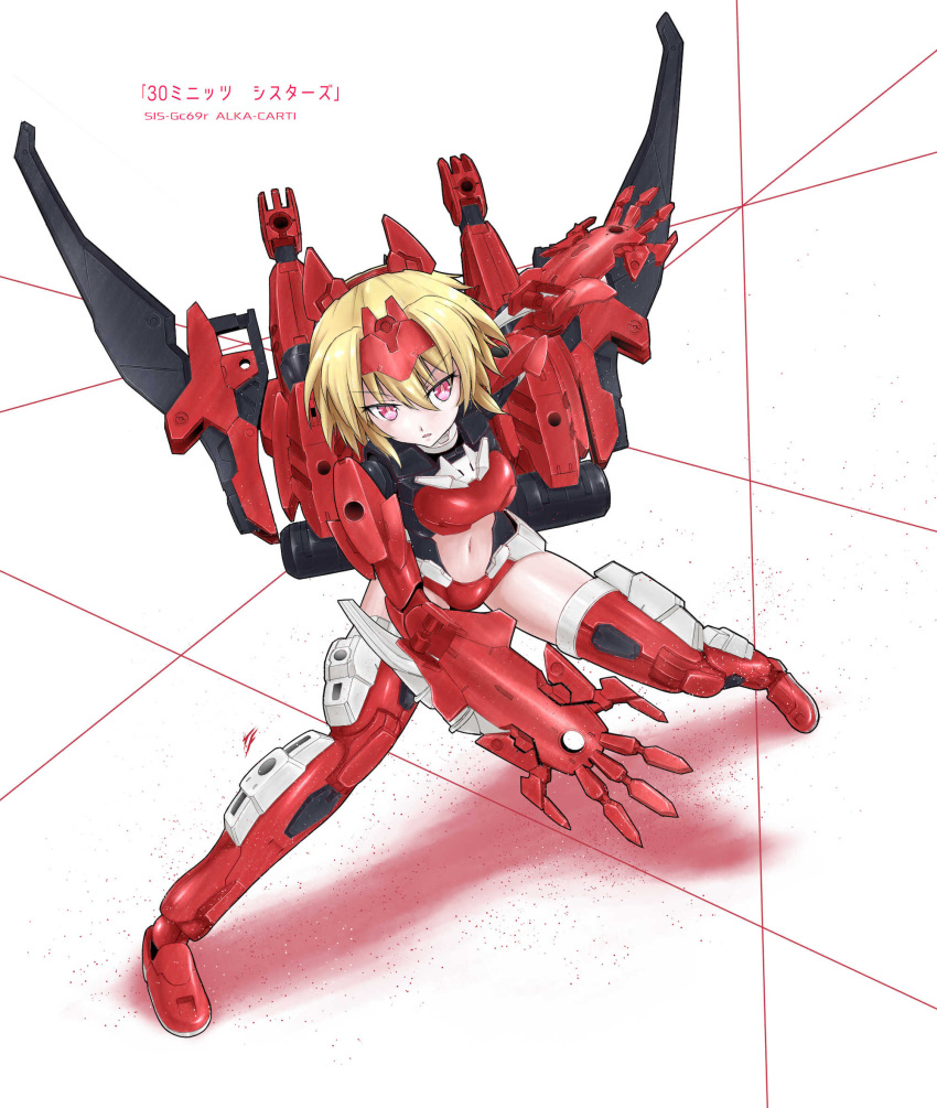 1girl 30_minutes_sisters alka-carti bangs black_leotard blonde_hair boots character_name clothing_cutout copyright_name highres jetpack leotard mecha_musume mechanical_arms mechanical_wings navel plus_minus_(plumin) red_eyes red_footwear red_leotard short_hair stomach_cutout thigh_boots two-tone_leotard wings