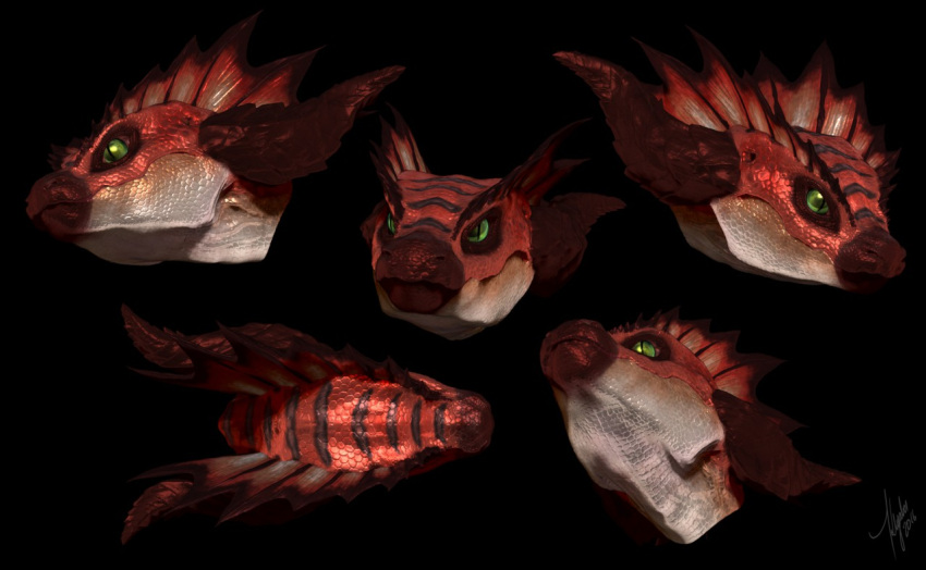 2016 ambiguous_gender bird's-eye_view black_background dated frill_(anatomy) front_view glistening glistening_eyes head_crest head_frill high-angle_view horn khyaber mouth_closed multiple_images pupils red_body red_horn red_scales scales scalie side_view signature simple_background slit_pupils solo white_body white_scales