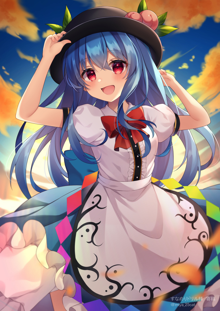 1girl arms_up artist_name bangs black_headwear blue_hair blue_skirt blue_sky blush breasts buttons cloud cloudy_sky collared_shirt commentary_request dress_shirt food frills fruit gradient gradient_sky grey_shirt hair_between_eyes hands_on_headwear hands_up hat hat_ornament highres hinanawi_tenshi leaf leaf_hat_ornament long_hair looking_at_viewer medium_breasts miy@ open_mouth peach puffy_short_sleeves puffy_sleeves rainbow red_eyes shirt short_sleeves skirt sky smile solo standing sunlight sunset tongue touhou white_sky