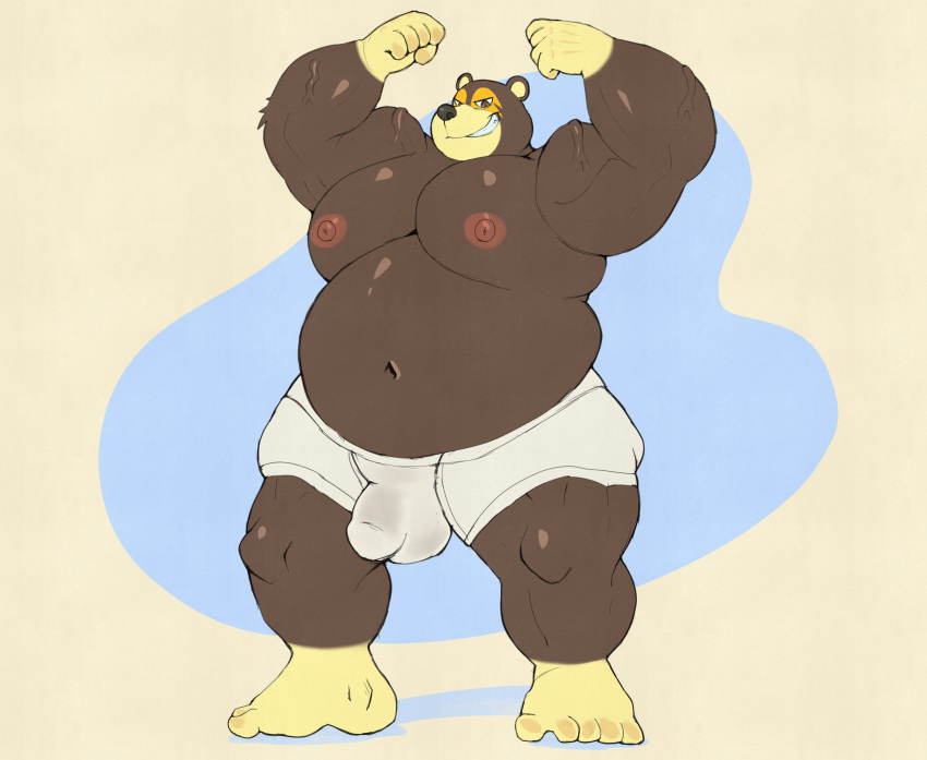 2022 absurd_res animal_crossing anthro balls_outline belly big_belly brown_body bulge clothing genital_outline hi_res humanoid_hands ike_(animal_crossing) inushishigami male mammal moobs navel nintendo nipples overweight overweight_male penis_outline solo underwear ursid video_games