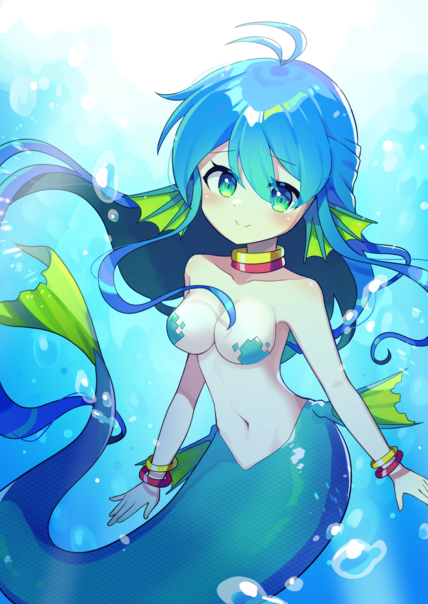 1girl absurdres antenna_hair bangs blue_eyes blue_hair blush bracelet closed_mouth gradient_eyes green_eyes head_fins highres jewelry long_hair looking_at_viewer mermaid monster_girl multicolored_eyes navel offbeat photoshop_(medium) puyopuyo serilly_(puyopuyo) sidelocks smile solo underwater