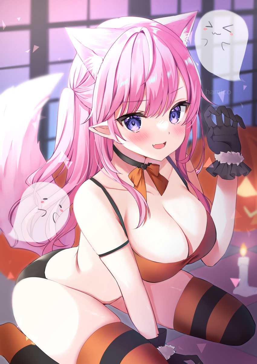 &gt;_&lt; 1girl animal_ears bangs black_choker black_gloves black_panties blue_eyes blurry blurry_background blush bow bowtie bra breasts candle cat_ears cat_tail choker claw_pose cleavage collarbone fang ghost gloves halloween hamico hand_on_floor hand_up highres indoors jack-o'-lantern large_breasts lit_candle long_hair looking_at_viewer open_mouth orange_bow orange_bra original panties pink_hair pink_tail pointy_ears shards sitting smile solo striped striped_thighhighs tail thighhighs underwear underwear_only wariza window