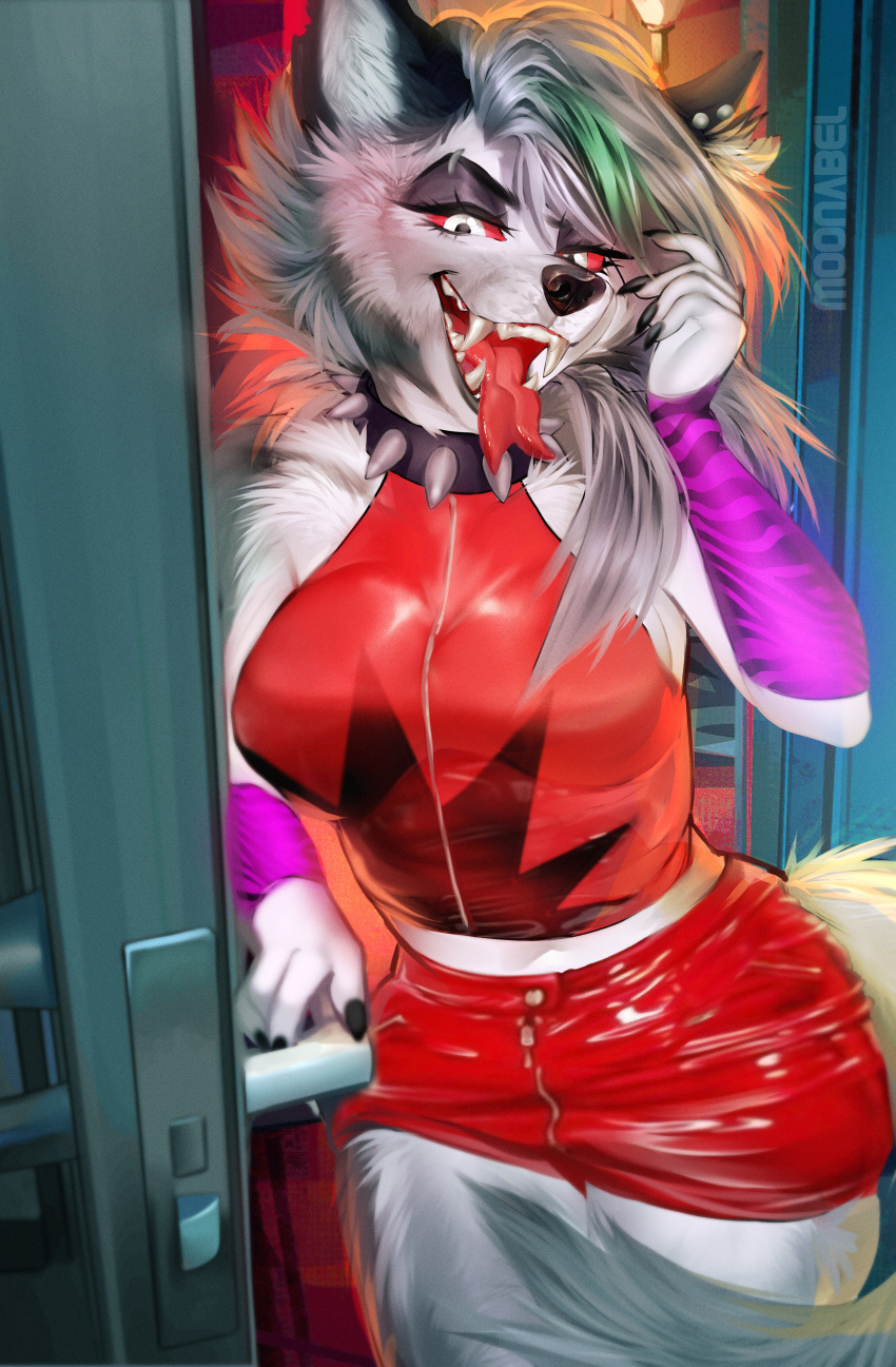 absurd_res anthro clothing collar cosplay crossover crossover_cosplay female fingers five_nights_at_freddy's five_nights_at_freddy's:_security_breach goth hair helluva_boss hi_res latex_clothing legwear long_hair looking_at_viewer loona_(helluva_boss) machine moonabel open_mouth piercing piercings_everywhere roxanne_wolf_(fnaf) rubber rubber_clothing rubber_suit scottgames solo solo_focus spiked_collar spikes tongue tongue_out video_games