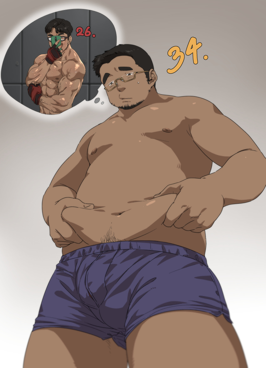 absurdres age_progression bara beard belly belly_grab black_eyes black_hair blue_male_underwear character_age clip_studio_paint_(medium) covering_face dark-skinned_male dark_skin facial_hair fat fat_man fingerless_gloves glasses glimo gloves highres holding holding_phone male_focus male_underwear muscular muscular_male navel nipples no_bangs original phone shiny shiny_skin sideburns thick_eyebrows underwear weight_conscious