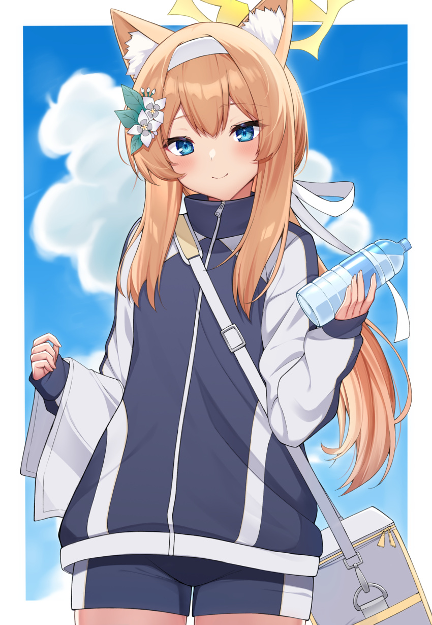 1girl animal_ear_fluff animal_ears bag bangs black_jacket black_shorts blue_archive blue_eyes blue_sky bottle brown_hair closed_mouth cloud commentary_request cooler day flower gym_shorts hair_flower hair_ornament hairband halo hand_up highres holding holding_bottle jacket kurigura_(sketch_san) long_hair long_sleeves looking_at_viewer mari_(blue_archive) mari_(gym_uniform)_(blue_archive) official_alternate_costume short_shorts shorts shoulder_bag sky sleeves_past_wrists smile solo towel track_jacket very_long_hair water_bottle white_flower white_hairband