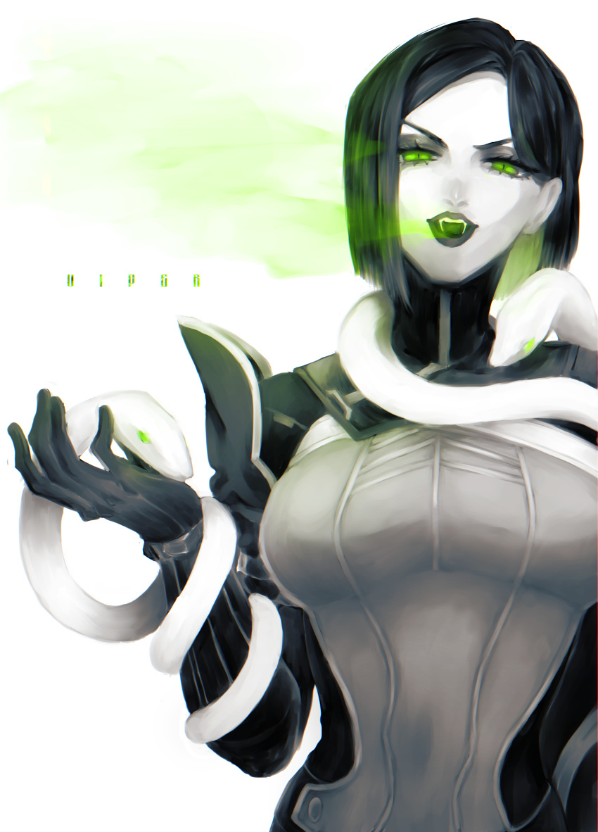 1girl absurdres animification arm_snake bangs bodysuit breasts character_name fangs gas gloves highres maya_(sunset_9) medium_breasts name_connection object_namesake open_hand open_mouth parted_bangs short_hair snake solo spot_color upper_body v-shaped_eyebrows valorant viper_(valorant)