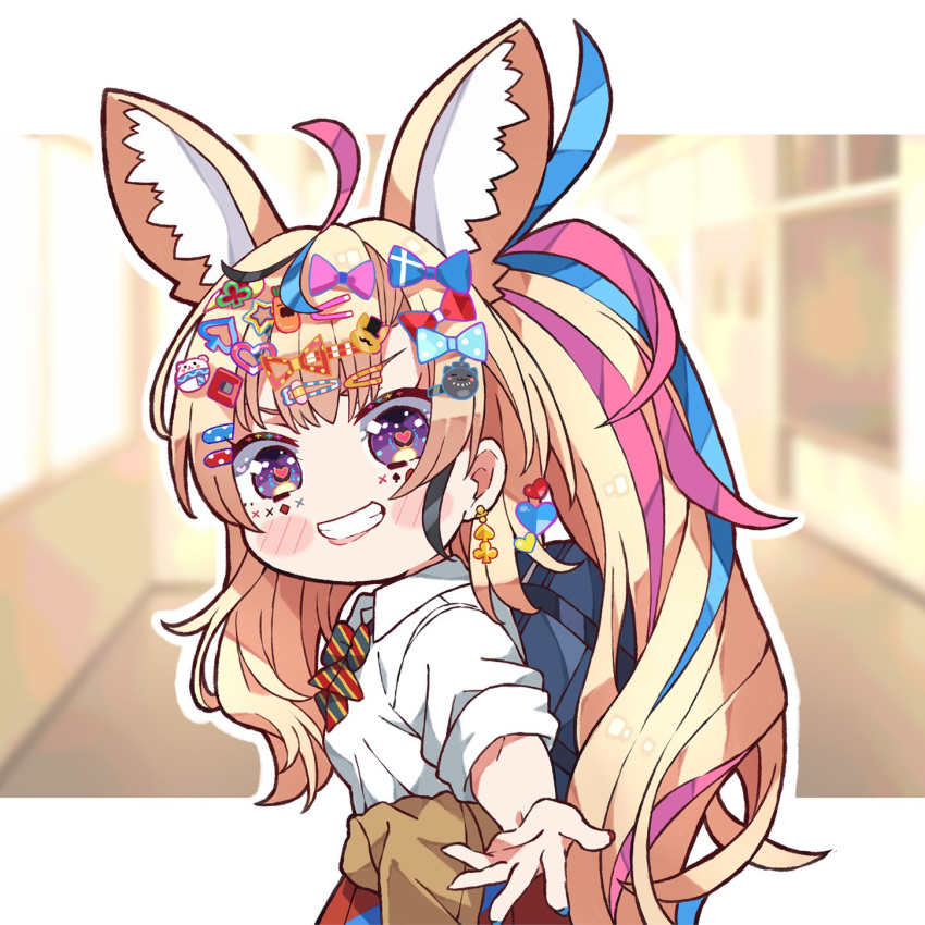 1girl ahoge animal_ears bangs black_hair blonde_hair facial_mark fox_ears fox_girl hair_between_eyes hair_ornament hairclip highres hololive kukie-nyan long_hair multicolored_hair omaru_polka pink_hair purple_eyes reaching_out streaked_hair symbol-shaped_pupils virtual_youtuber x_hair_ornament