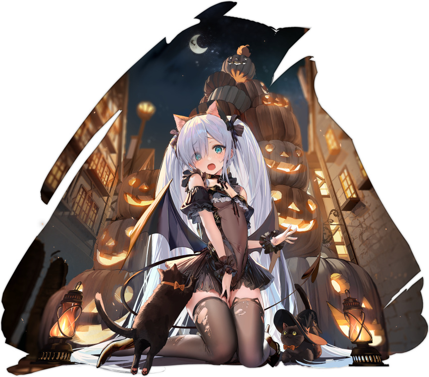 1girl :o animal_ears azur_lane black_footwear black_ribbon black_thighhighs blue_eyes cat cat_ears collar covered_navel demon_tail demon_wings expressions hair_tie halloween halloween_costume highres house jack-o'-lantern janus_(azur_lane) janus_(fright-night_scaredy-cat)_(azur_lane) lantern long_hair mimoza_(96mimo414) official_alternate_costume official_art petite pumpkin ribbon scrunchie tail thighhighs torn_clothes torn_legwear very_long_hair white_hair wings wrist_scrunchie