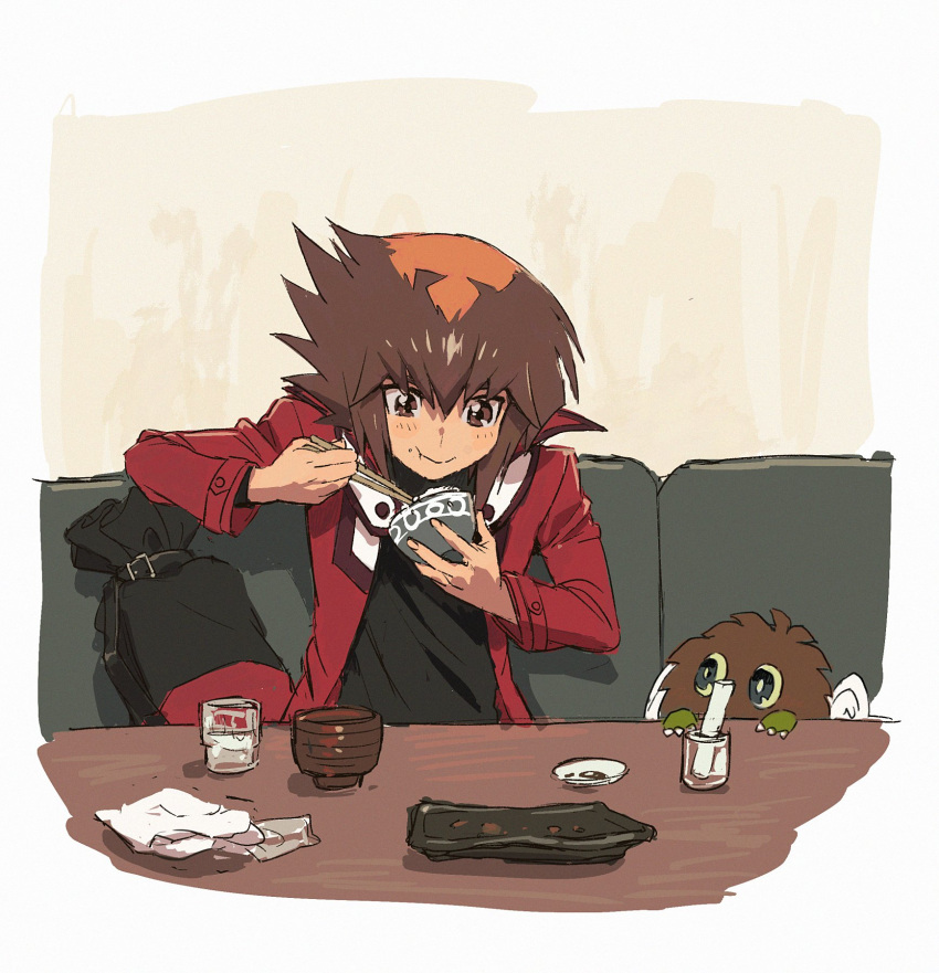 1boy aoki_(fumomo) bangs black_shirt blush bowl brown_eyes cheek_bulge chopsticks couch duel_academy_uniform_(yu-gi-oh!_gx) eating food food_on_face hair_between_eyes highres holding holding_bowl jacket long_sleeves male_focus multicolored_hair red_jacket rice shirt short_hair sitting sketch two-tone_hair winged_kuriboh yu-gi-oh! yu-gi-oh!_gx yuuki_juudai