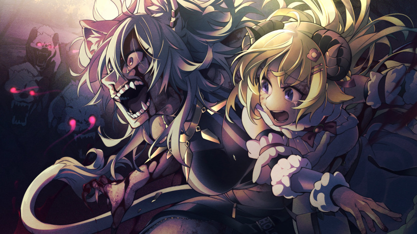 2girls absurdres ahoge animal_ears battle blonde_hair blood blood_on_face breasts carrying carrying_under_arm claws crying crying_with_eyes_open detached_sleeves eititie eye_trail fangs grey_eyes grey_hair highres hololive horns hyena large_breasts light_trail lion_ears long_hair multiple_girls purple_eyes roaring sheep_horns shishiro_botan tears tsunomaki_watame virtual_youtuber