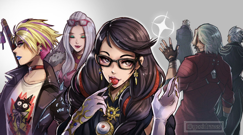 bayonetta_(series) bayonetta_3 black_hair braid clothing_cutout dante_(devil_may_cry) devil_may_cry_(series) devil_may_cry_5 eyeshadow glasses gloves gzei highres jeanne_(bayonetta) jewelry lipstick long_hair looking_at_viewer makeup mole mole_under_mouth multicolored_hair nero_(devil_may_cry) red_hair ribbon simple_background smile streaked_hair twin_braids vergil_(devil_may_cry) viola_(bayonetta) weapon white_hair