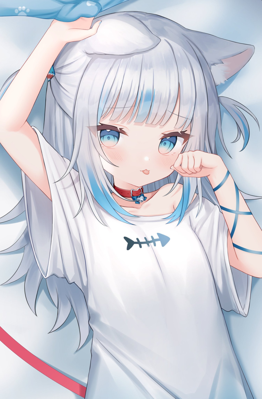 1girl animal_ear_fluff animal_ears arm_ribbon arm_up bangs blue_eyes blue_hair blue_ribbon blunt_bangs blush cat_ears cat_girl choker closed_mouth gawr_gura grey_hair hair_ornament hand_up highres hololive hololive_english long_hair looking_at_viewer multicolored_hair paw_pose ribbon shark_hair_ornament shirt short_sleeves shouu-kun sidelocks single_bare_shoulder solo streaked_hair tongue tongue_out virtual_youtuber white_shirt