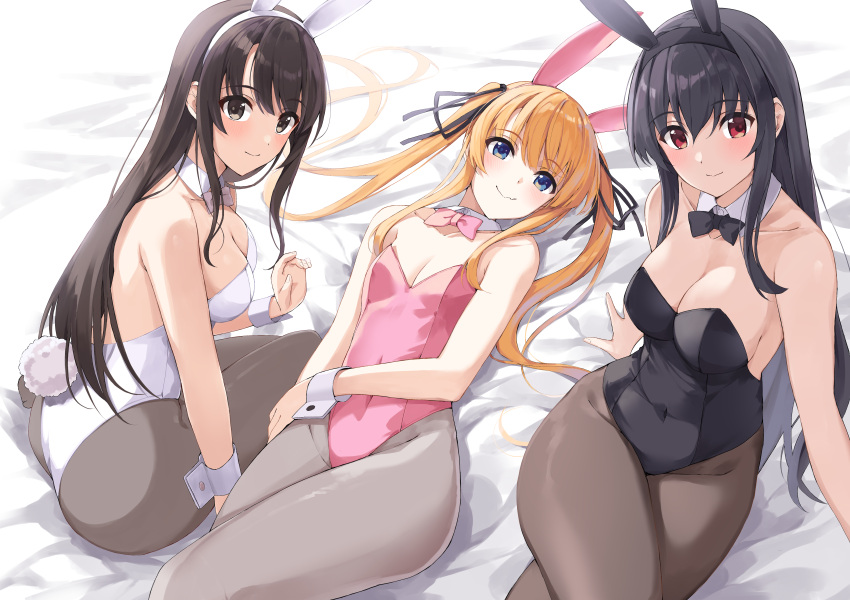 3girls absurdres animal_ears backless_outfit bangs bare_arms bed_sheet black_bow black_hair black_hairband black_leotard black_ribbon blonde_hair blue_eyes blush bow bowtie breasts brown_eyes cleavage closed_mouth collarbone crossed_legs detached_collar fake_animal_ears fake_tail fang fang_out grey_pantyhose hair_between_eyes hair_ribbon hairband highres kasumigaoka_utaha katou_megumi large_breasts leotard long_hair looking_at_viewer lying marie_(pixiv31942978) medium_breasts multiple_girls on_back pantyhose pink_bow pink_bowtie pink_leotard playboy_bunny rabbit_ears rabbit_tail red_eyes ribbon saenai_heroine_no_sodatekata sawamura_spencer_eriri shiny shiny_hair sitting skin_fang small_breasts smile strapless strapless_leotard tail very_long_hair white_hairband white_leotard wing_collar wrist_cuffs