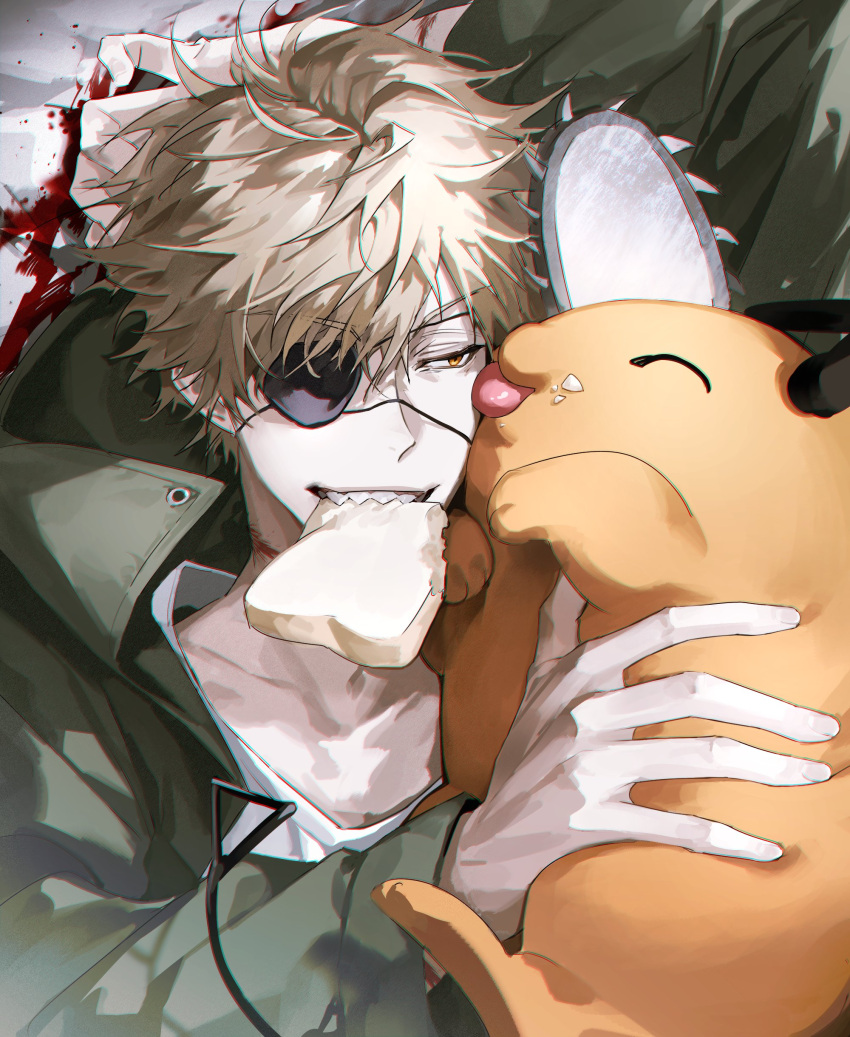 1boy absurdres ajrtkf44 blonde_hair blood bread chainsaw chainsaw_man denji_(chainsaw_man) eyepatch food food_in_mouth highres licking licking_another's_face lying male_focus on_back pet pochita_(chainsaw_man) sharp_teeth shirt short_hair teeth white_shirt