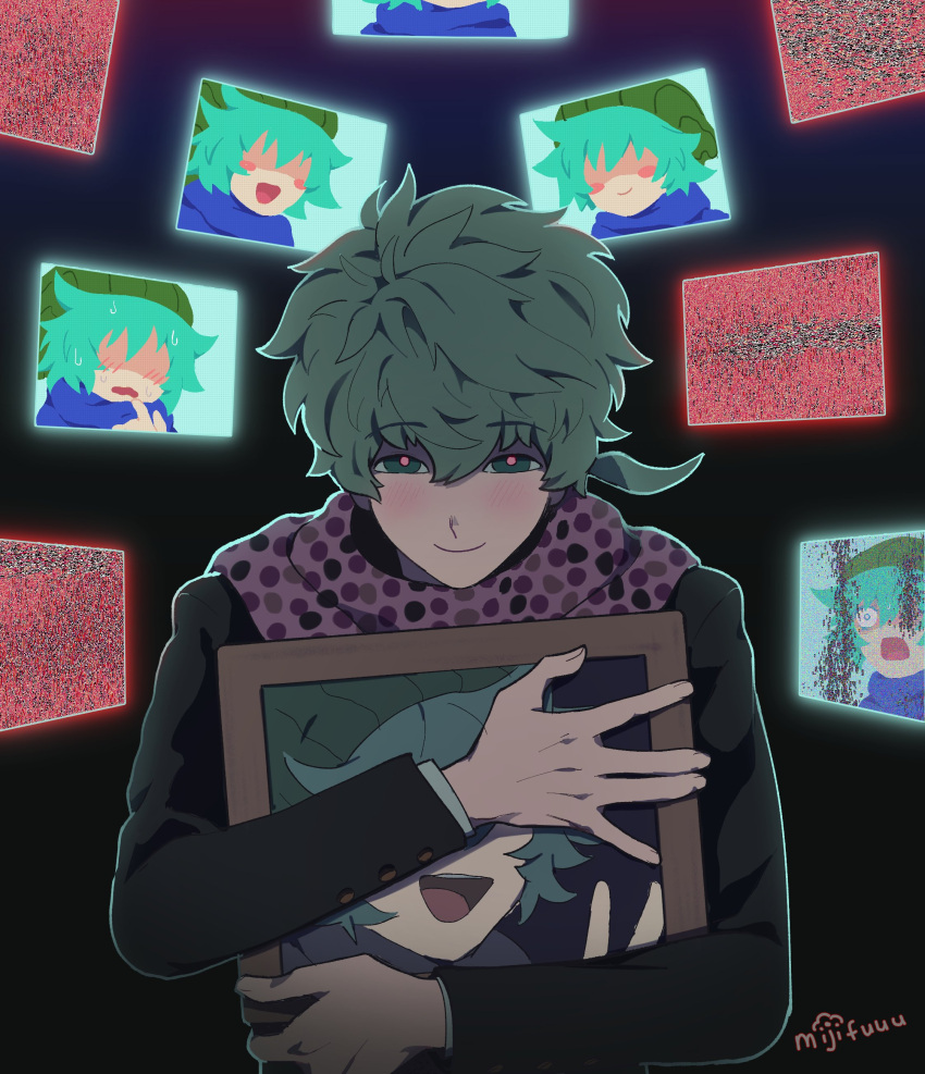 1boy :d absurdres ai_shin aqua_hair bangs beanie black_jacket black_suit blue_scarf blush blush_stickers buttons closed_mouth evil_smile formal glitch green_eyes green_hair green_headwear hair_between_eyes hat highres hiyori_sou jacket kimi_ga_shine kubrick_stare layered_sleeves long_sleeves looking_at_viewer low_ponytail midori_(kimi_ga_shine) monitor no_eyes object_hug open_mouth pink_scarf polka_dot polka_dot_scarf scarf screen short_hair side_ponytail signature sinister smile spiked_hair suit suit_jacket supremecatlord sweat v wavy_mouth