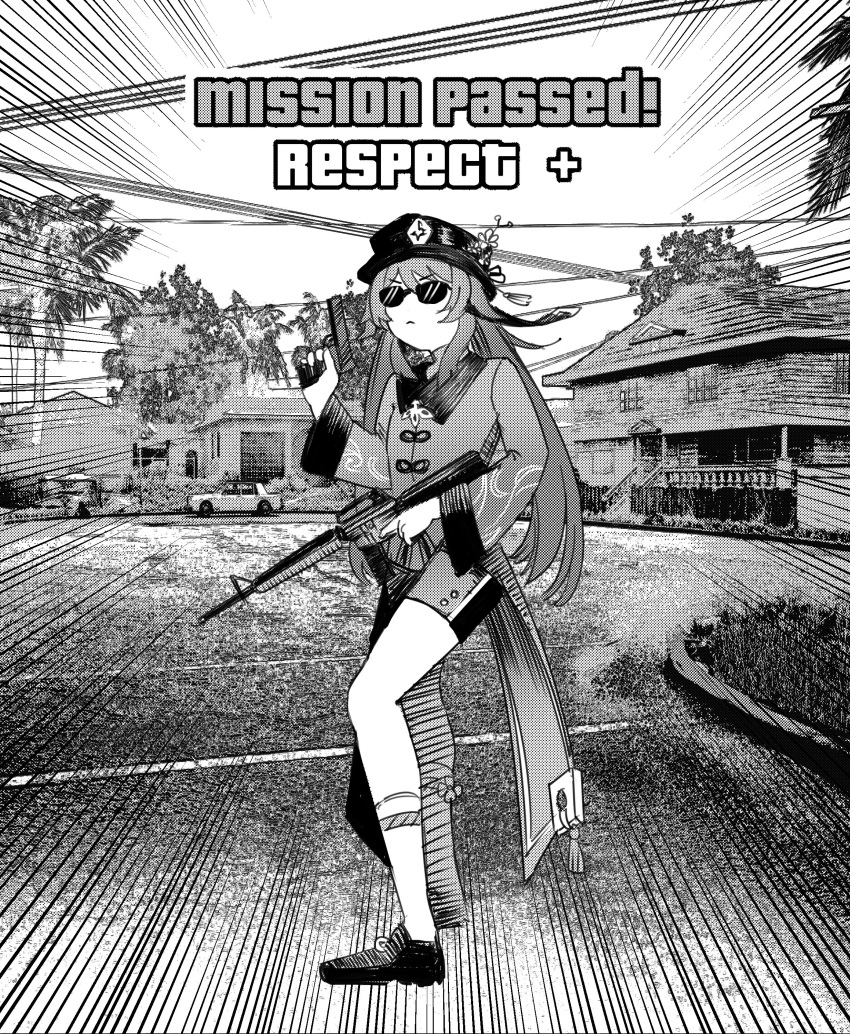 1girl :&lt; absurdres assault_rifle black_shorts coat coattails collared_coat collared_shirt commentary emphasis_lines english_commentary flower full_body game_screenshot_background genshin_impact grand_theft_auto grand_theft_auto:_san_andreas greyscale gun handgun hat highres holding holding_gun holding_weapon hu_tao_(genshin_impact) long_hair m16 monochrome plum_blossoms porkpie_hat rifle screentones shirt shoes shorts smug socks solo standing sunglasses talisman tassel twintails very_long_hair weapon xyanaid