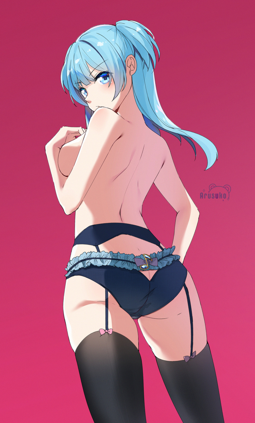 1girl arusuko ass black_panties black_thighhighs blue_eyes blue_hair breasts butt_crack cowboy_shot floating_hair from_behind garter_belt highres long_hair looking_at_viewer looking_back magia_record:_mahou_shoujo_madoka_magica_gaiden mahou_shoujo_madoka_magica medium_breasts minami_rena one_side_up panties red_background shiny shiny_hair shoulder_blades sideboob simple_background solo standing thighhighs topless underwear underwear_only