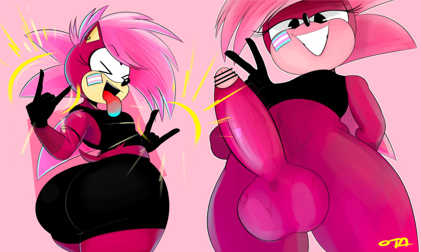 anthro big_butt big_penis breasts butt devil_horns_(gesture) eulipotyphlan female genitals gesture gynomorph hair hedgehog hi_res intersex lgbt_pride mammal multicolored_tongue ota_(artist) penis pink_body pride_colors sega small_breasts solo sonia_the_hedgehog sonic_the_hedgehog_(series) sonic_underground spiky_hair tongue trans_(lore) trans_woman_(lore) transgender_pride_colors v_sign