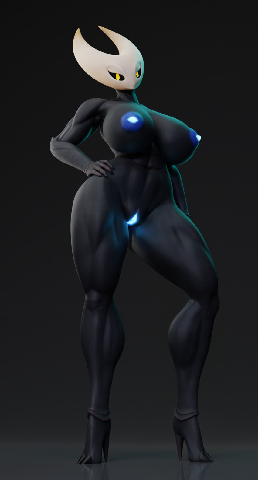 2022 3d_(artwork) abs abstract_background anthro areola arthropod athletic athletic_anthro athletic_female biceps big_areola big_breasts billynr black_background black_body black_skin blender_(software) breasts clothing curvaceous curvy_figure digital_media_(artwork) female fingers footwear genitals glowing glowing_genitalia glowing_nipples glowing_pussy hand_on_hip hand_on_own_hip hi_res high_heels hollow_knight hornet_(hollow_knight) insect looking_at_viewer muscular muscular_anthro muscular_female nipples nude pussy simple_background solo standing team_cherry thick_thighs video_games voluptuous wide_hips yellow_eyes