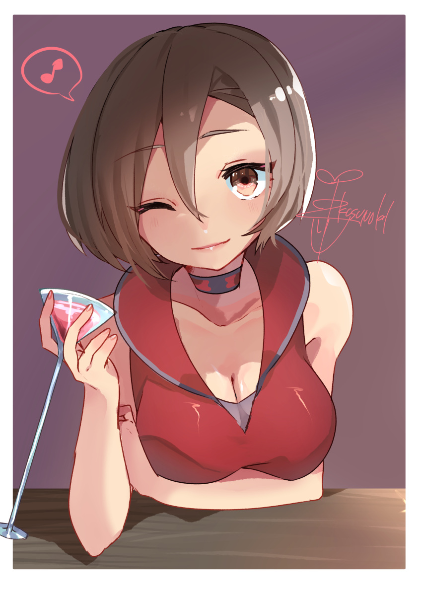 1girl absurdres arm_on_table artist_name bangs breasts brown_eyes brown_hair choker cleavage closed_mouth cocktail_glass cup drink drinking_glass eighth_note elbow_on_table hair_between_eyes highres holding holding_cup holding_drink kusunokimizuha light_blush light_smile looking_at_viewer meiko_(vocaloid) musical_note one_eye_closed red_choker red_shirt shirt short_hair signature sleeveless sleeveless_shirt solo speech_bubble spoken_musical_note vocaloid