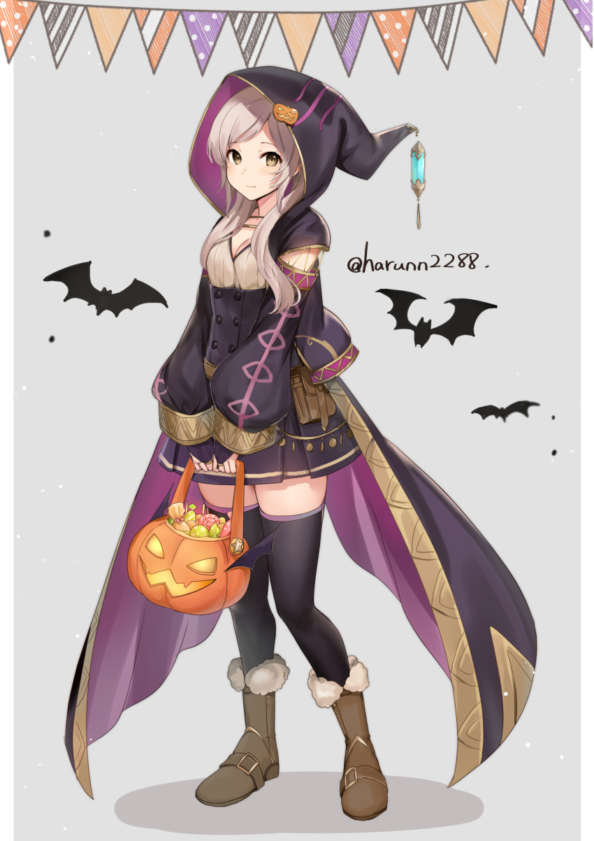 1girl alternate_costume animal_print bat_print black_thighhighs blush bridal_gauntlets brown_eyes brown_footwear buttons candy closed_mouth commentary_request fire_emblem fire_emblem_awakening food food-themed_hair_ornament full_body grey_hair hair_ornament halloween halloween_bucket halloween_costume haru_(nakajou-28) highres hood hood_up long_hair looking_at_viewer pumpkin_hair_ornament robin_(fire_emblem) robin_(fire_emblem)_(female) smile solo thighhighs twintails twitter_username