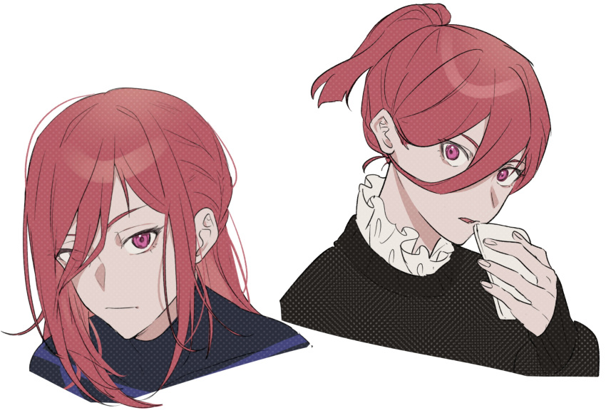 1boy alternate_hairstyle black_shirt blue_lock chigiri_hyoma closed_mouth collar frilled_collar frills hair_between_eyes hair_over_one_eye hair_up highres holding long_hair long_sleeves looking_at_viewer male_focus multiple_views pepupapipooo pink_eyes ponytail portrait red_hair shirt simple_background white_background