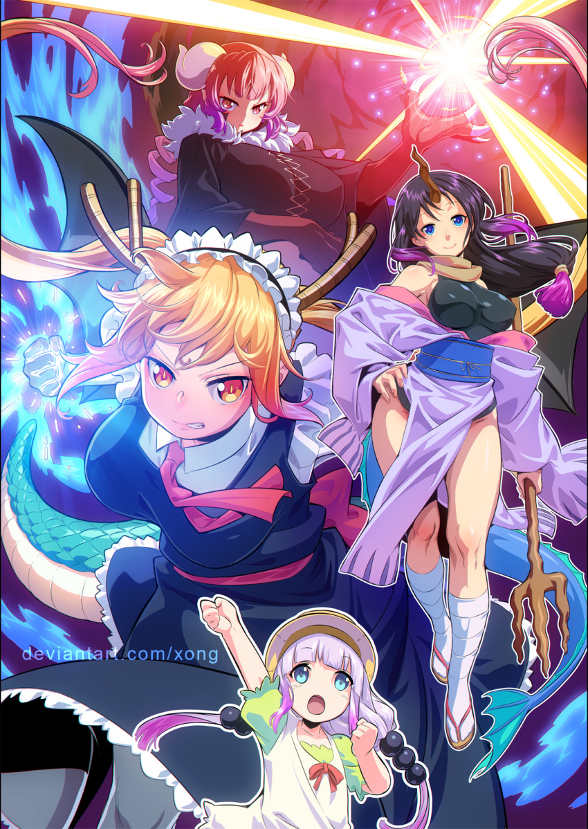 4girls arm_up bare_shoulders black_hair blonde_hair blue_eyes breasts claws clenched_teeth dragon_girl dragon_horns dragon_tail dress elma_(maidragon) english_commentary highres holding_trident horns huge_breasts ilulu_(maidragon) incoming_attack incoming_punch kanna_kamui kobayashi-san_chi_no_maidragon large_breasts long_hair maid maid_headdress multicolored_hair multiple_girls open_mouth orange_eyes orange_hair polearm punching purple_hair red_eyes sandals scales shirt single_horn slit_pupils smile socks tail teeth tohru_(maidragon) trident twintails weapon xong