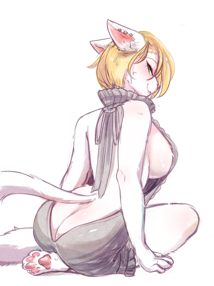 absurd_res anthro backless_clothing bedroom_eyes big_breasts blonde_hair bodily_fluids breasts butt clothing domestic_cat ear_piercing ear_ring felid feline felis female fur green_eyes hair hi_res hindpaw kiko_kempt_(character) larkdraws looking_at_viewer looking_back mammal meme meme_clothing narrowed_eyes pawpads paws piercing ring_piercing seductive side_boob simple_background sitting smile solo sweat sweater topwear turtleneck virgin_killer_sweater white_background white_body white_fur