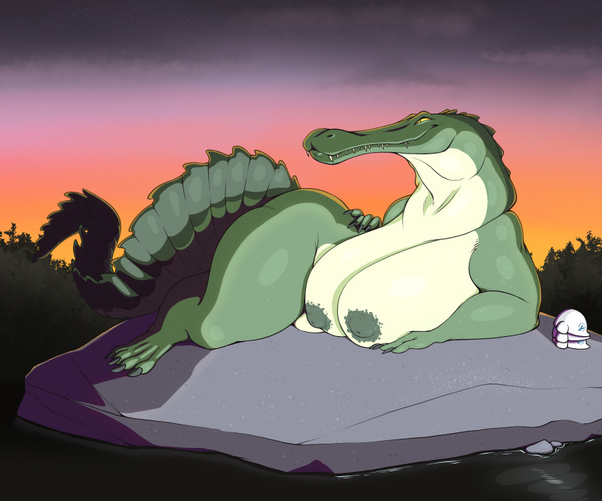 absurd_res anthro arttukorppu big_breasts breasts crocodilian female green_body green_scales hi_res huge_breasts long_snout lying nipples nude on_rock on_side outside reptile sarcosuchus scales scalie sharp_teeth smile snout solo teeth thick_tail thick_thighs yellow_eyes