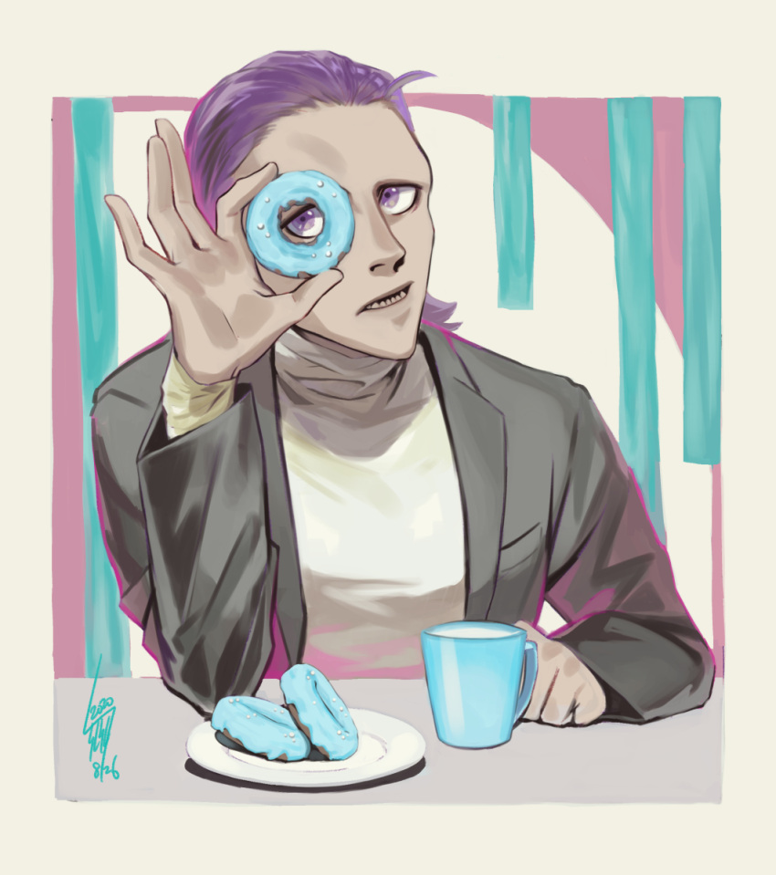 1boy artist_name bangs_pinned_back bishop_(daemon_x_machina) black_jacket border breast_pocket clenched_hand commentary cup daemon_x_machina dated doughnut food forehead hand_up highres holding holding_food jacket layered_sleeves long_sleeves looking_at_viewer male_focus milk open_clothes open_jacket open_mouth outside_border plate pocket purple_eyes purple_hair sharp_teeth shiny shiny_hair shirt short_hair signature sitting solo table teeth tsunetaka_rakurai upper_body white_shirt yellow_border