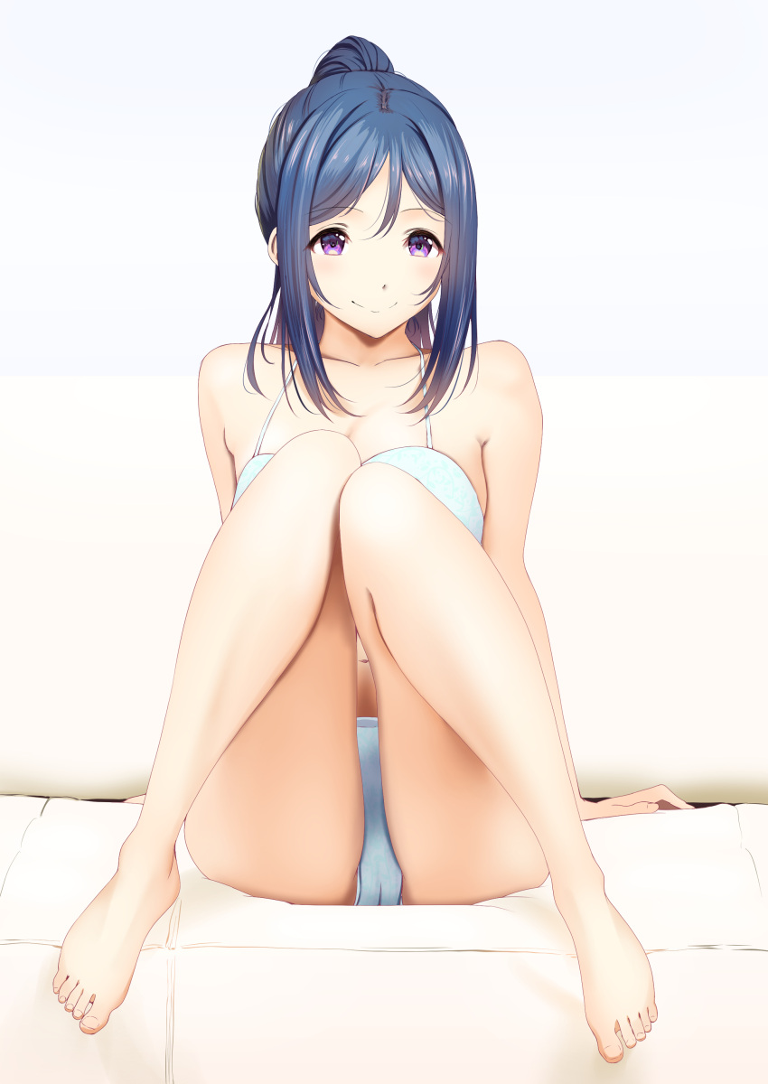 1girl absurdres amagi_(volfuji) bare_arms bare_legs bikini blue_bikini blue_hair cameltoe closed_mouth collarbone full_body hair_between_eyes high_ponytail highres indoors long_hair love_live! love_live!_sunshine!! matsuura_kanan purple_eyes shiny shiny_hair sitting smile solo swimsuit