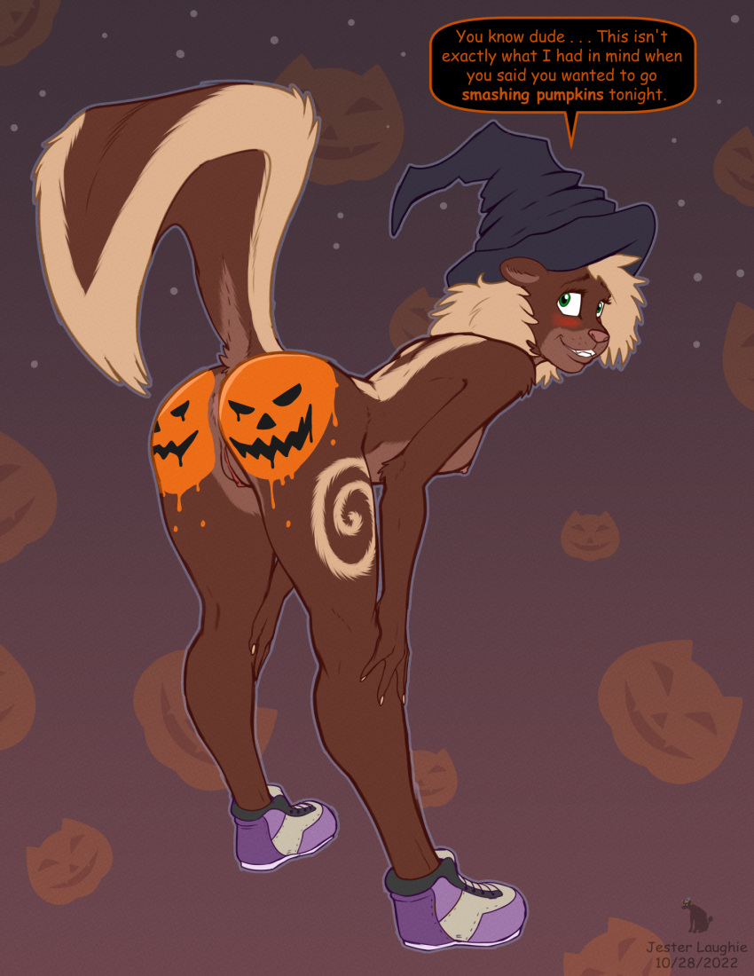 anthro anus butt clothing female footwear genitals halloween hi_res holidays jade_(jester_laughie) jester_laughie magic_user mammal mephitid paint pinup pose presenting presenting_hindquarters pussy raised_tail shoes skunk solo witch