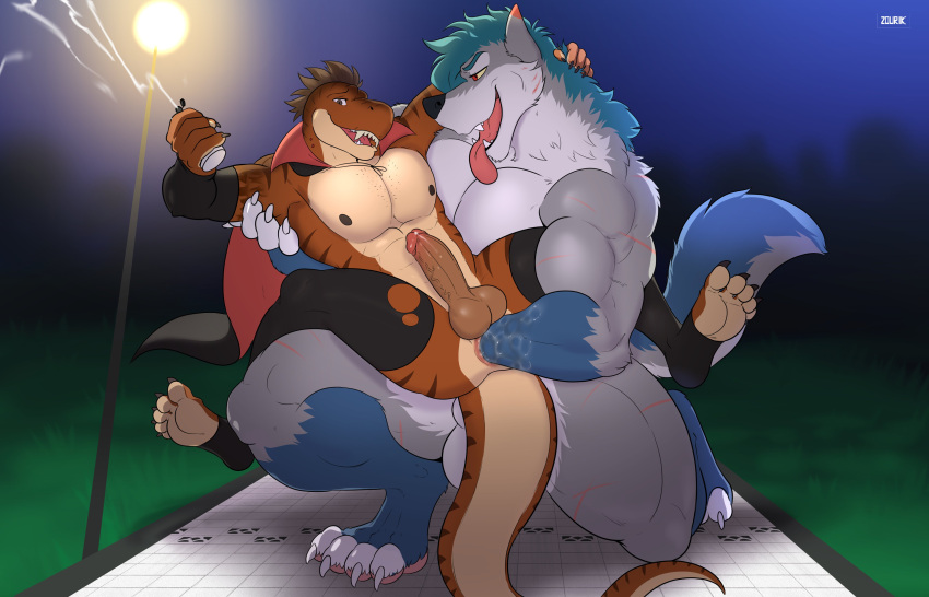 2021 5_toes absurd_res anal anal_fisting anthro anthro_on_anthro anus balls biceps big_dom_small_sub big_muscles blue_body blue_fur blue_hair brown_hair butt canid canine canis claws cumlube digital_media_(artwork) dinosaur dominant duo erection feet finger_claws fisting fur genitals grass grey_body grey_fur hair hand_in_ass hi_res holding_lube holding_object holding_partner humanoid_genitalia humanoid_penis lube lube_bottle lube_in_ass lube_on_hand male male/male mammal muscular muscular_anthro muscular_male muscular_thighs night nipples nude open_mouth open_smile orange_body outside pawpads paws pecs penis pink_pawpads plant quads reptile scalie scar sex sharp_teeth size_difference smile soles striped_body stripes tan_body teeth thick_thighs toe_claws toes tongue tongue_out vein veiny_penis were werecanid werecanine werewolf white_body white_fur wolf zourik