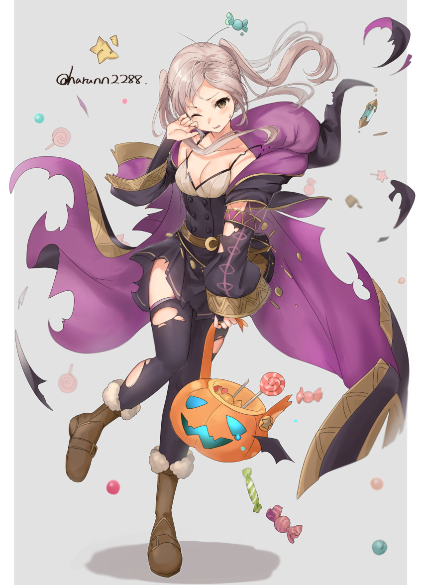 1girl alternate_costume belt black_thighhighs breasts brown_belt brown_eyes brown_footwear buttons candy cleavage collarbone commentary_request fire_emblem fire_emblem_awakening floating_hair food full_body grey_hair halloween halloween_bucket halloween_costume haru_(nakajou-28) highres holding injury long_hair medium_breasts one_eye_closed robin_(fire_emblem) robin_(fire_emblem)_(female) solo thighhighs torn_clothes torn_legwear twintails