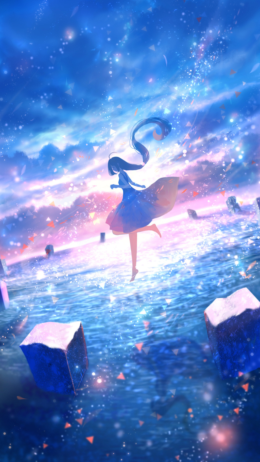 1girl ahoge bangs bare_legs barefoot black_hair cloud commentary_request confetti dress full_body highres long_hair low-tied_long_hair original outdoors pillar sakimori_(hououbds) scenery sky solo tagme walking walking_on_liquid water