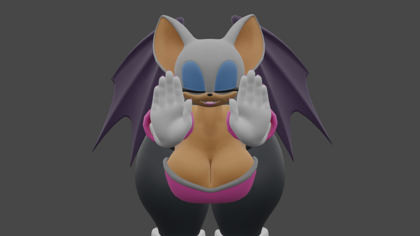 armwear bent_over black_clothing blue_makeup breasts bubble_butt butt chiropteran cleavage clothed clothing eyes_closed female footwear front_view fur hi_res mammal pose ree_boi rouge_the_bat sega smile solo sonic_the_hedgehog_(series) thick_thighs white_body white_clothing white_fur wings