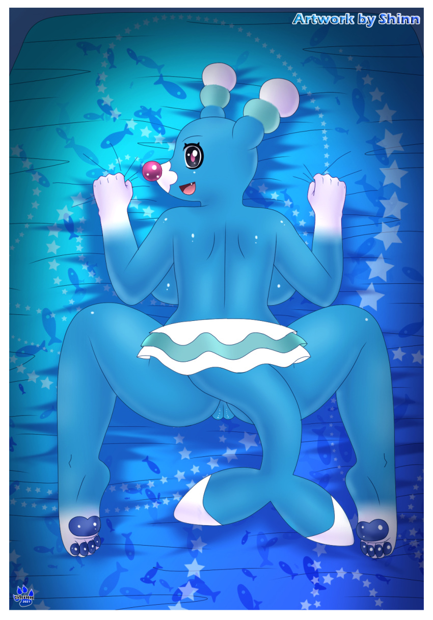 anthro blue_body brionne butt female generation_7_pokemon genitals hi_res looking_at_viewer nintendo open_mouth pokemon pokemon_(species) pokemorph pussy red_eyes shinn solo spread_legs spreading video_games