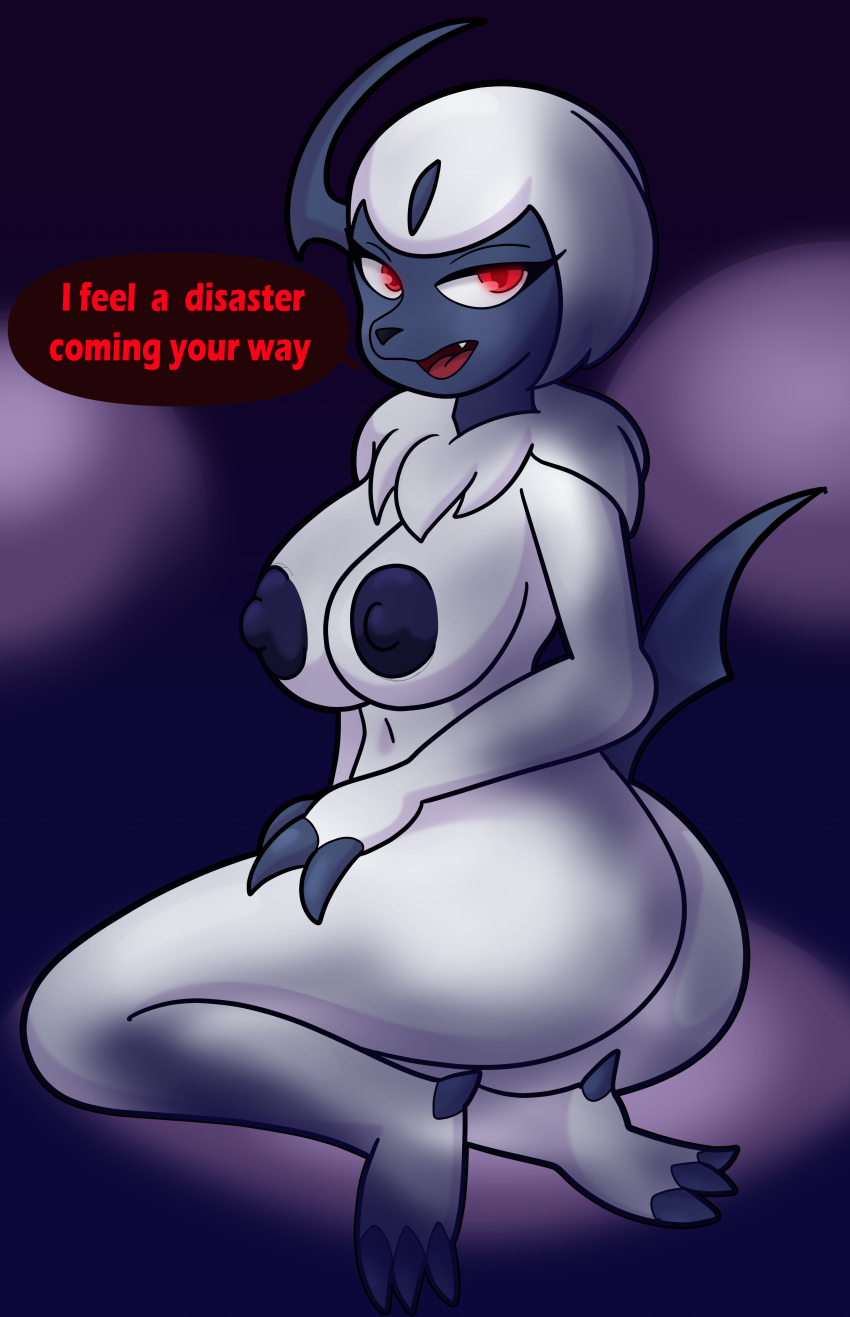 absol absurd_res anthro big_breasts big_butt breasts butt dialogue english_text female generation_3_pokemon hi_res horn kneeling looking_at_viewer neck_tuft nintendo nipples pokemon pokemon_(species) red_eyes solo someth1ngoranother text tuft video_games