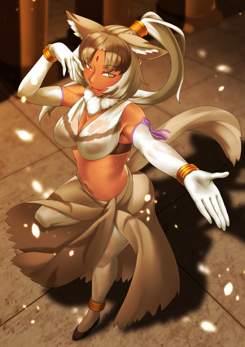 1girl absurdres animal_ears arms_up bare_shoulders breasts brown_hair cleavage dancing dark-skinned_female dark_skin detached_collar elbow_gloves facial_mark fang forehead_mark full_body fur_collar gloves high_ponytail highres indian_wolf_(kemono_friends) jewelry kawanami_eito kemono_friends long_hair looking_at_viewer multicolored_hair navel open_mouth outstretched_arm outstretched_hand pantyhose petals sarong see-through shoes skin_fang smile solo stomach sweat tail tsurime very_long_hair wet wet_clothes white_hair wolf_ears wolf_girl wolf_tail