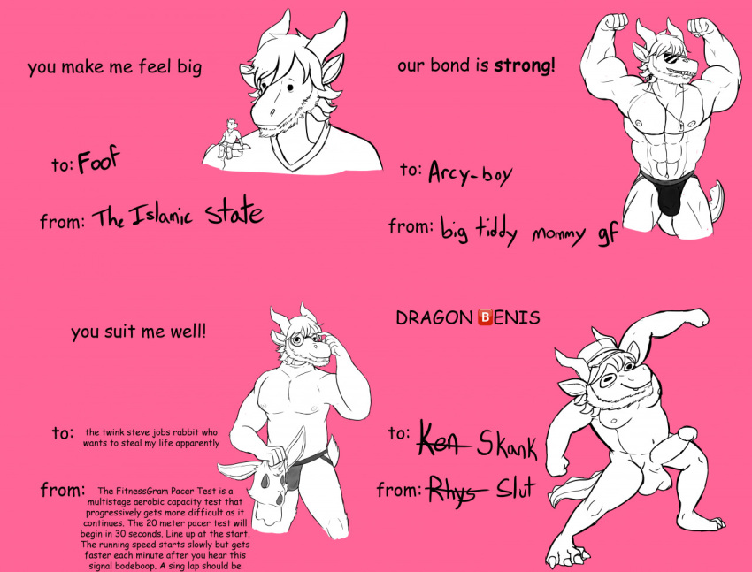 2021 4_toes adjusting_glasses anthro bent_arm bottomwear bulge claws clothed clothing comic_sans dragon duo english_text eyewear facial_hair feet flexing genitals glasses hair hat headgear headwear horn jockstrap male muscular navel nipples open_mouth open_smile penis rhys_(wannabe_pendragon) shirt shorts sitting sketch smile snout solo standing sunglasses teeth text the_fitnessgram_pacer_test toe_claws toes topwear underwear valentines_day_card wannabe_pendragon