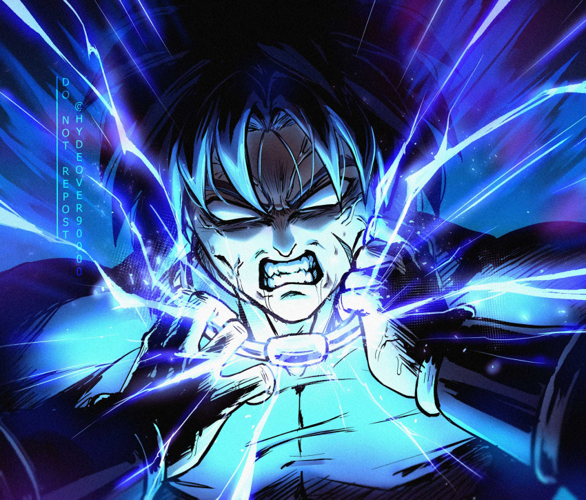 1boy blank_eyes broly_(dragon_ball_super) clenched_teeth dragging dragon_ball dragon_ball_super dragon_ball_super_broly electricity highres hydeover9000 male_focus muscular muscular_male pain solo spiked_hair teeth veins