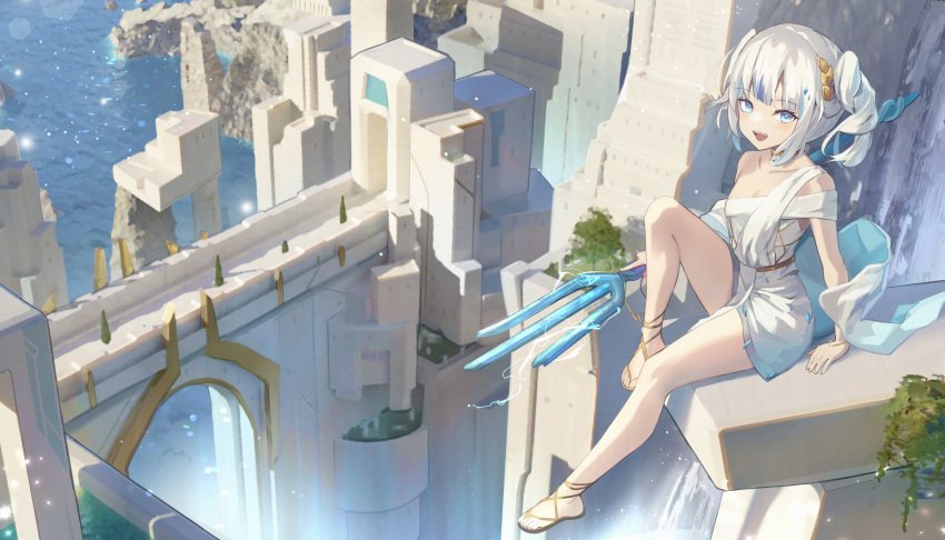 1girl architecture arm_support bangs blue_eyes blue_hair blunt_bangs breasts chinese_commentary cleavage collarbone commentary_request dolphenry dress eyelashes feet full_body gawr_gura grey_hair highres hololive hololive_english knee_up legs lens_flare looking_at_viewer medium_hair mixed-language_commentary multicolored_hair official_alternate_costume open_mouth outdoors polearm sandals scenery shadow sharp_teeth short_dress sidelocks sitting small_breasts solo streaked_hair teeth thighs toes trident twintails two_side_up virtual_youtuber weapon